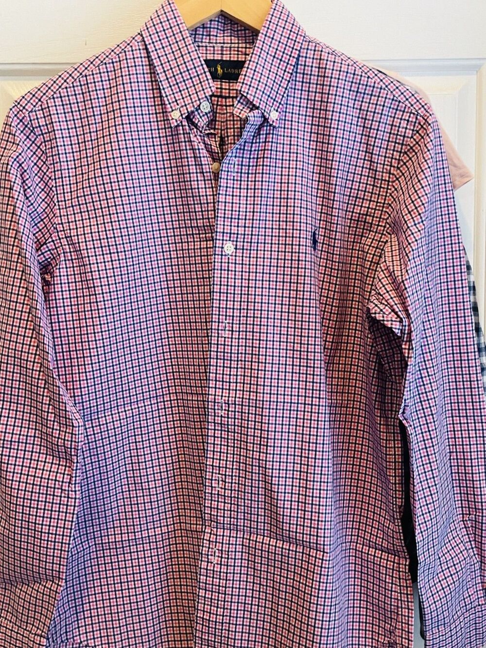 Ralph Lauren Long SleeveDress Shirt SMALL Red White Blue Check Stretch